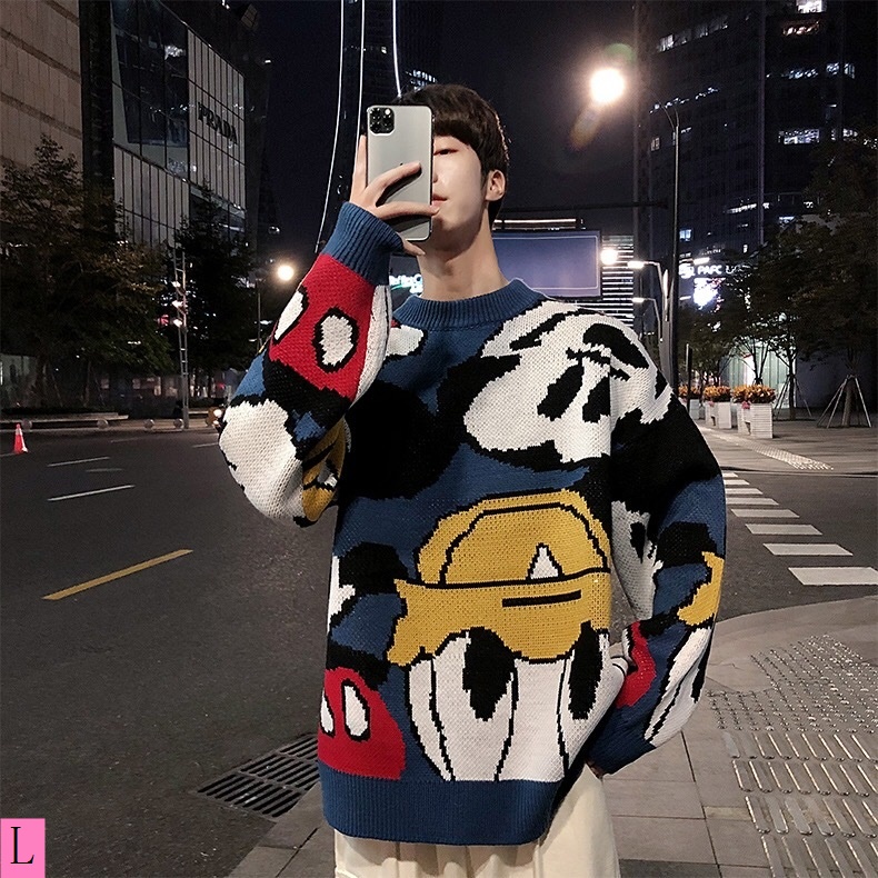 Mới Áo sweater Dày Dặn Dáng Rộng In Họa Tiết Hoạt Hình Phong Cách Hàn Quốc Thời Trang Thu Đông Cho Nam