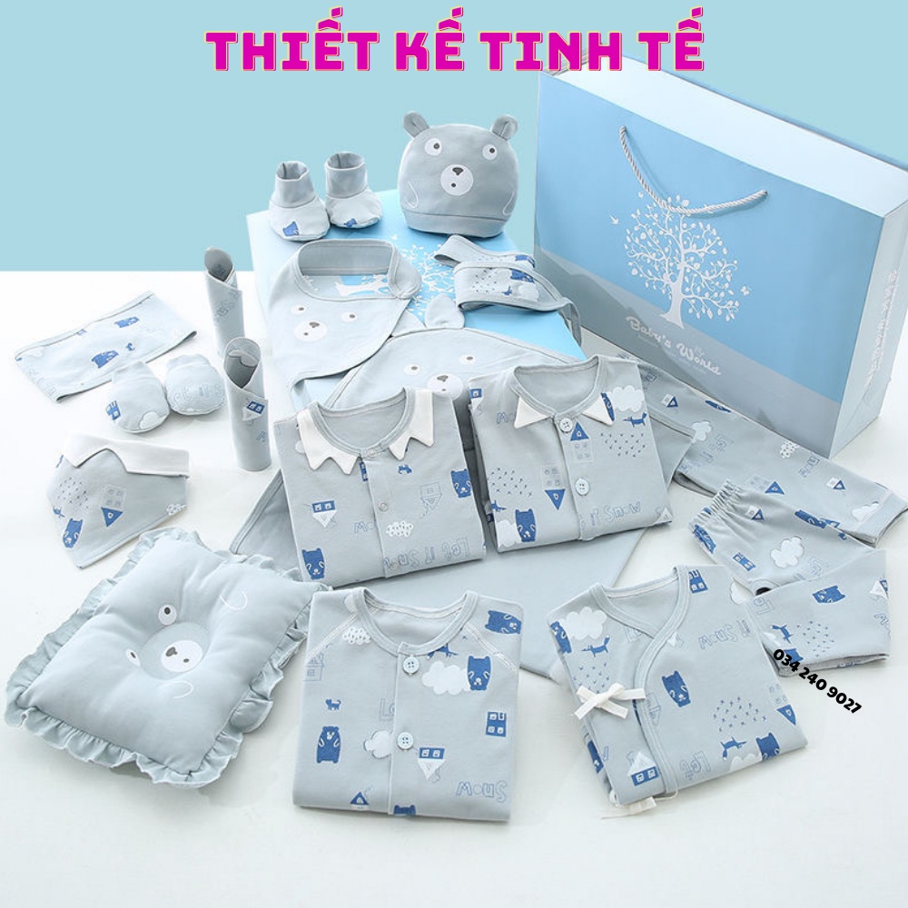 HÀNG CAO CẤP - Set đồ sơ sinh quà tặng cho bé 18 chi tiết cotton có hộp sang chảnh