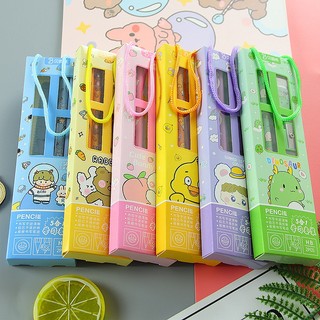 Set bộ dụng cụ học tập dễ thương cho bé gồm 5 món bút chì, tẩy bút chì, gọt bút chì, thước kẻ cho bé có quai xách