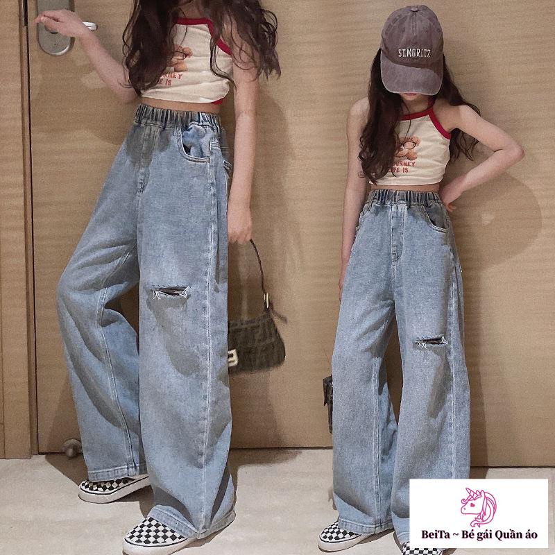 Quần jeans Ống Rộng Phong Cách Hàn Quốc Thời Trang Cho Bé Gái