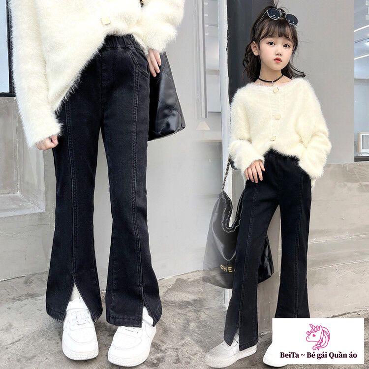 Quần Jean Ống Loe Xẻ Tà Dáng Ôm Thời Trang Xuân Thu Cho Bé Gái