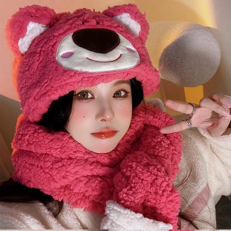 Mũ Kèm Khăn Quàng Cổ Và Sỏ Tay Hình Gấu PINKY Hoạt Hình Dễ Thương, Mũ Lông 3in1 Hình Gấu Mẫu Mới kak