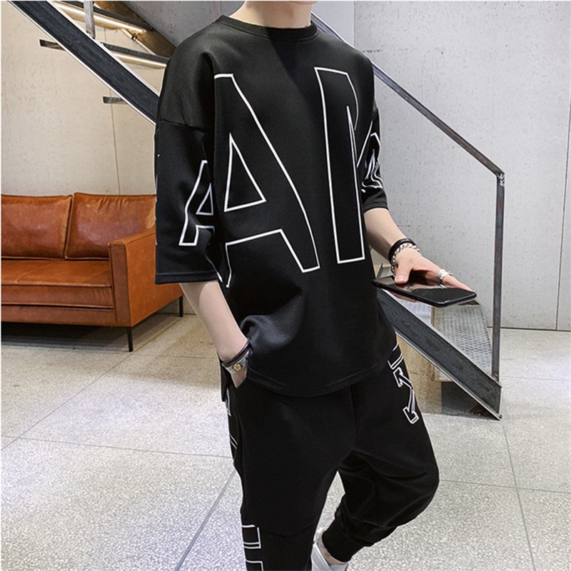 Bộ Áo Thun + Quần Dài Dáng Rộng Phong Cách hip hop Thời Trang Mùa Hè Cho Nam