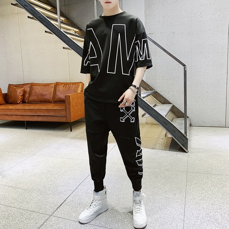 Bộ Áo Thun + Quần Dài Dáng Rộng Phong Cách hip hop Thời Trang Mùa Hè Cho Nam