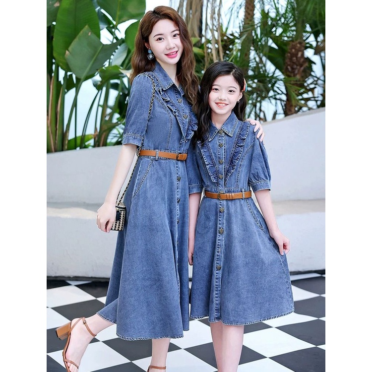 Đầm denim Tay Ngắn Phong Cách Đường Phố Thời Trang Mùa Hè 2023 Dành Cho Mẹ Và Bé