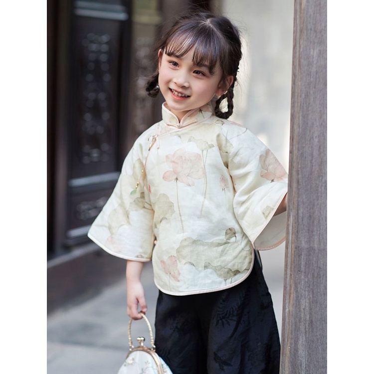 Bộ Áo Sườn Xám + Quần Dài Phong Cách Trung Hoa Thời Trang Xuân Thu Cho Bé Gái 8.29