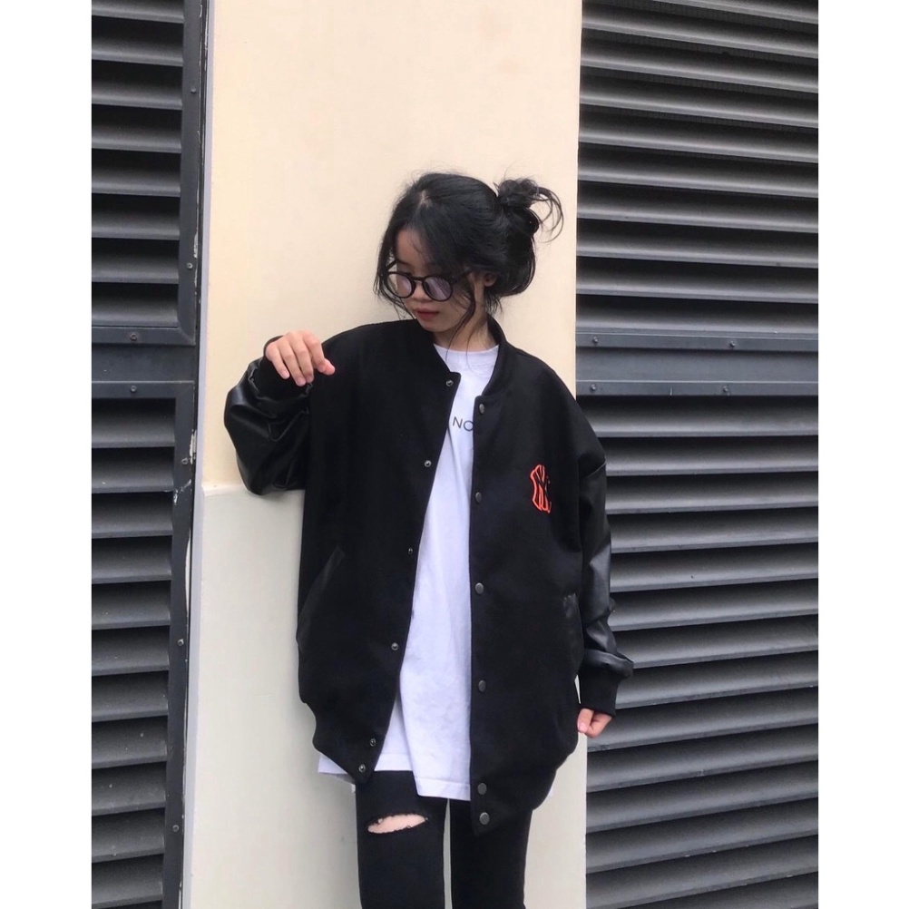 Áo Bomber chữ NY Thêu Chữ Đỏ 2 Lớp Dày Dặn - Áo varsity jacket MLB NY vải nỉ co giãn dày dặn phối tay da