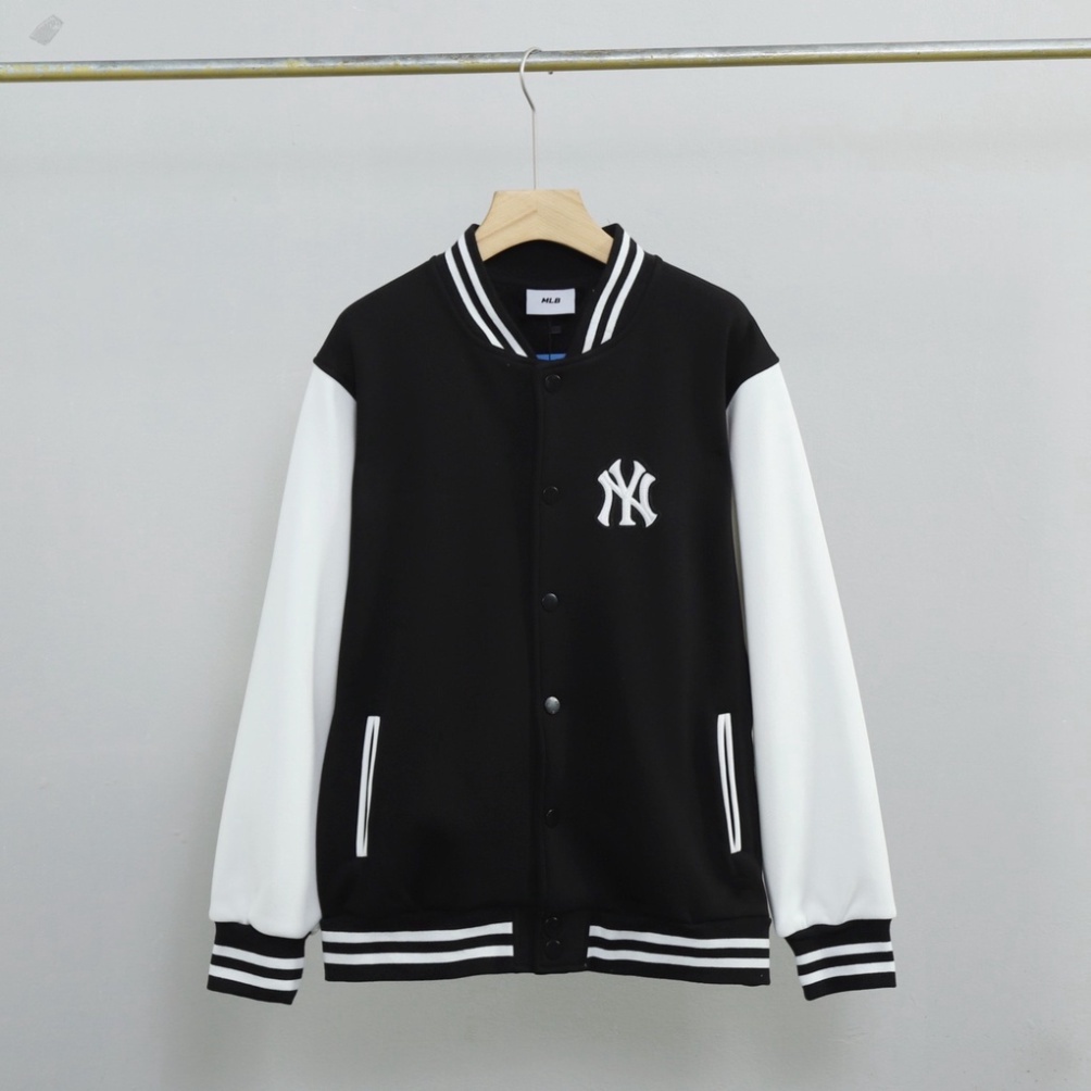 Áo Bomber chữ NY Thêu Chữ Đỏ 2 Lớp Dày Dặn - Áo varsity jacket MLB NY vải nỉ co giãn dày dặn phối tay da