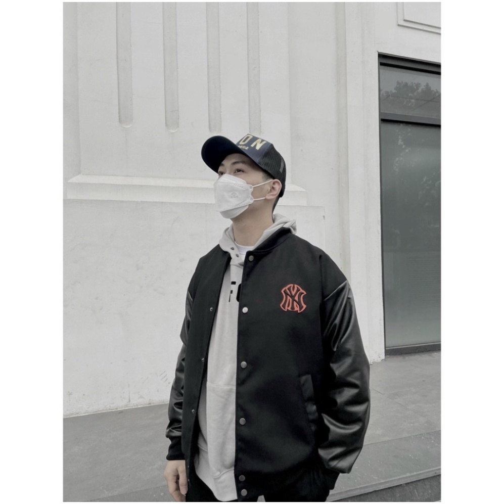 Áo Bomber NY 2 Lớp Dày Dặn Thêu Chữ Đỏ  - Áo varsity jacket MLB NY vải nỉ dày dặn phối tay da cao cấp