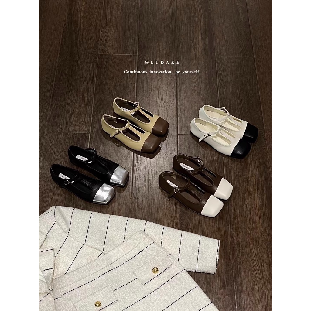 Giày Da Mũi Vuông Phối Màu Phong Cách retro Pháp