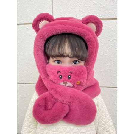 Dễ Thương Mũ Trùm Đầu Kèm Khăn Choàng Hình Gấu Dâu Tây Đáng Yêu Cho