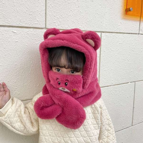 Dễ Thương Mũ Trùm Đầu Kèm Khăn Choàng Hình Gấu Dâu Tây Đáng Yêu Cho