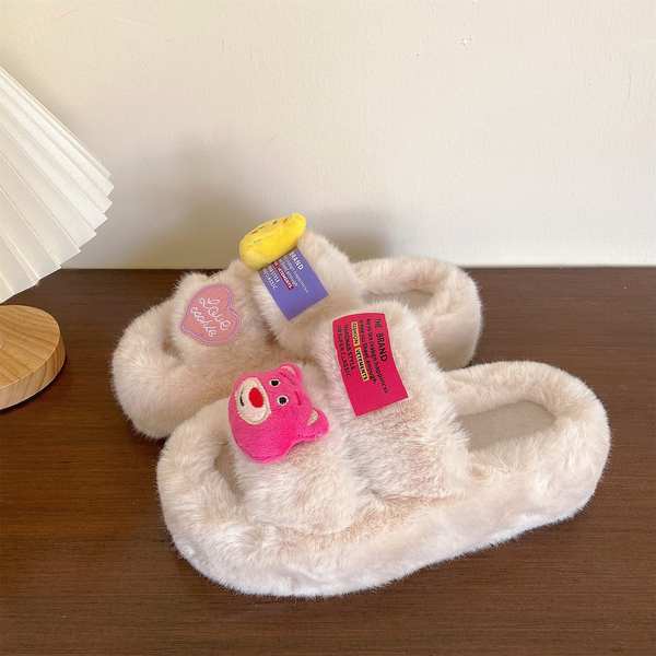 Dễ Thương Dép Bông Đi Trong Nhà Đế Dày Chống Trượt Họa Tiết Gấu Dâu Tây Thời Trang Thu Đông Cho Nữ