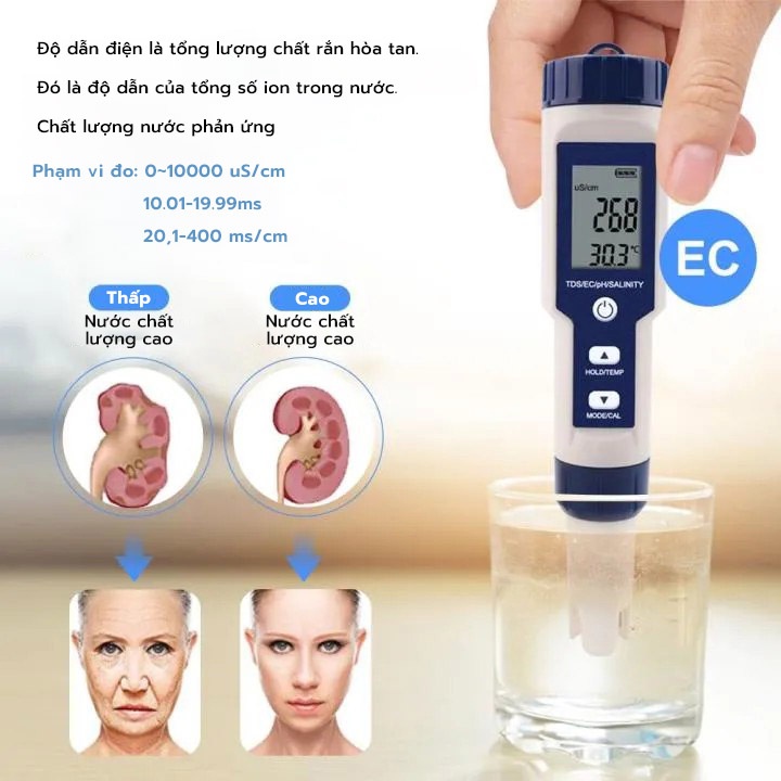 Máy đo độ mặn và pH 5 trong 1 để làm vườn và đo PH/Tds/Ec/Độ mặn/Nhiệt độ,bút kiểm tra nước,Phát hiện ô nhiễm nước