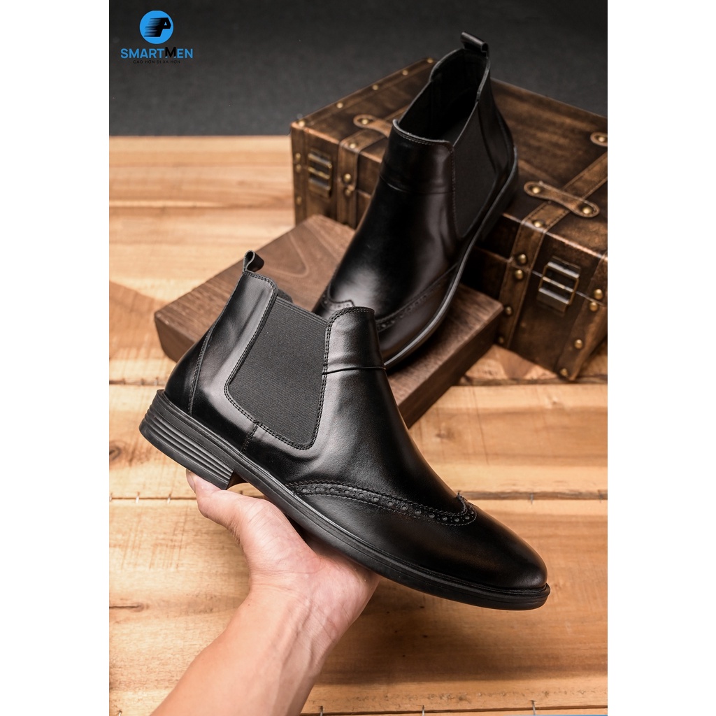 Giày Boot lửng cổ Tăng chiều cao Da bò SMARTMEN GD337 Đen