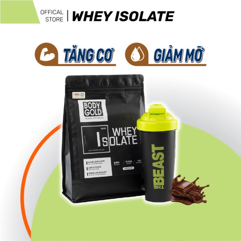 Sữa Tăng Cơ - giảm mỡ - Whey Protein Isolate BodyGold túi 1kg + Tặng bình lắc Shaker 700ml