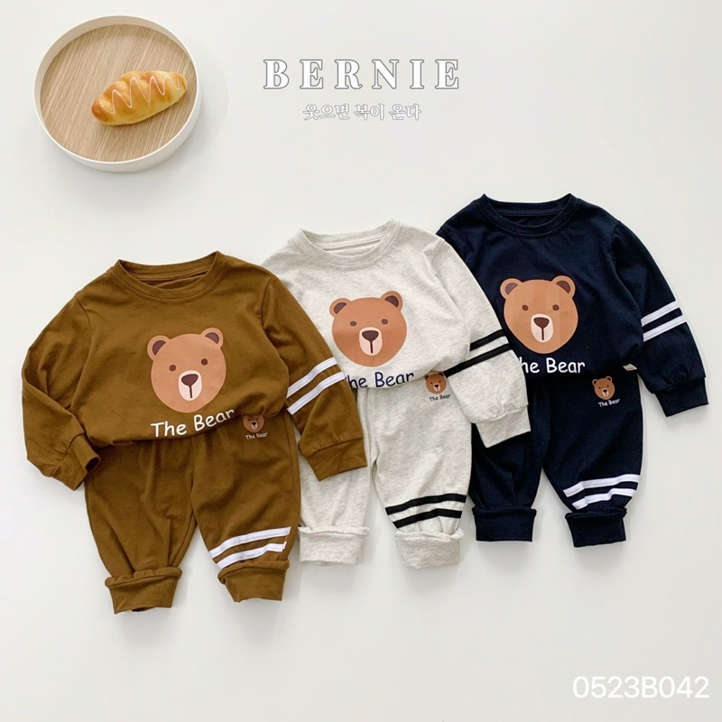 (Giá sốc) Bộ thu đông bé trai bé gái in gấu phối kẻ Bernie - Bộ dài tay bé trai bé gái cho bé từ 9-23kg - 0523B042