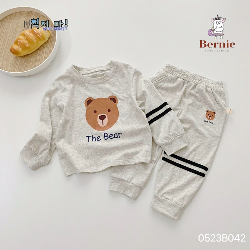 Bộ thu đông bé trai bé gái in gấu phối kẻ Bernie GS - Bộ dài tay bé trai bé gái cho bé từ 9-23kg  - 0523B042
