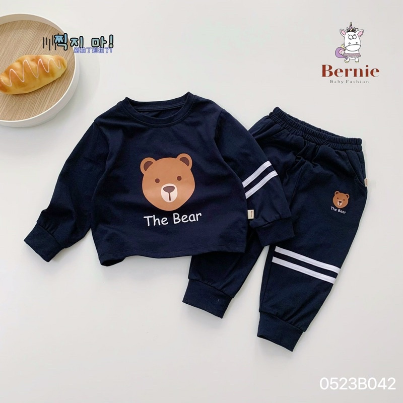 Bộ thu đông bé trai bé gái in gấu phối kẻ Bernie GS - Bộ dài tay bé trai bé gái cho bé từ 9-23kg  - 0523B042