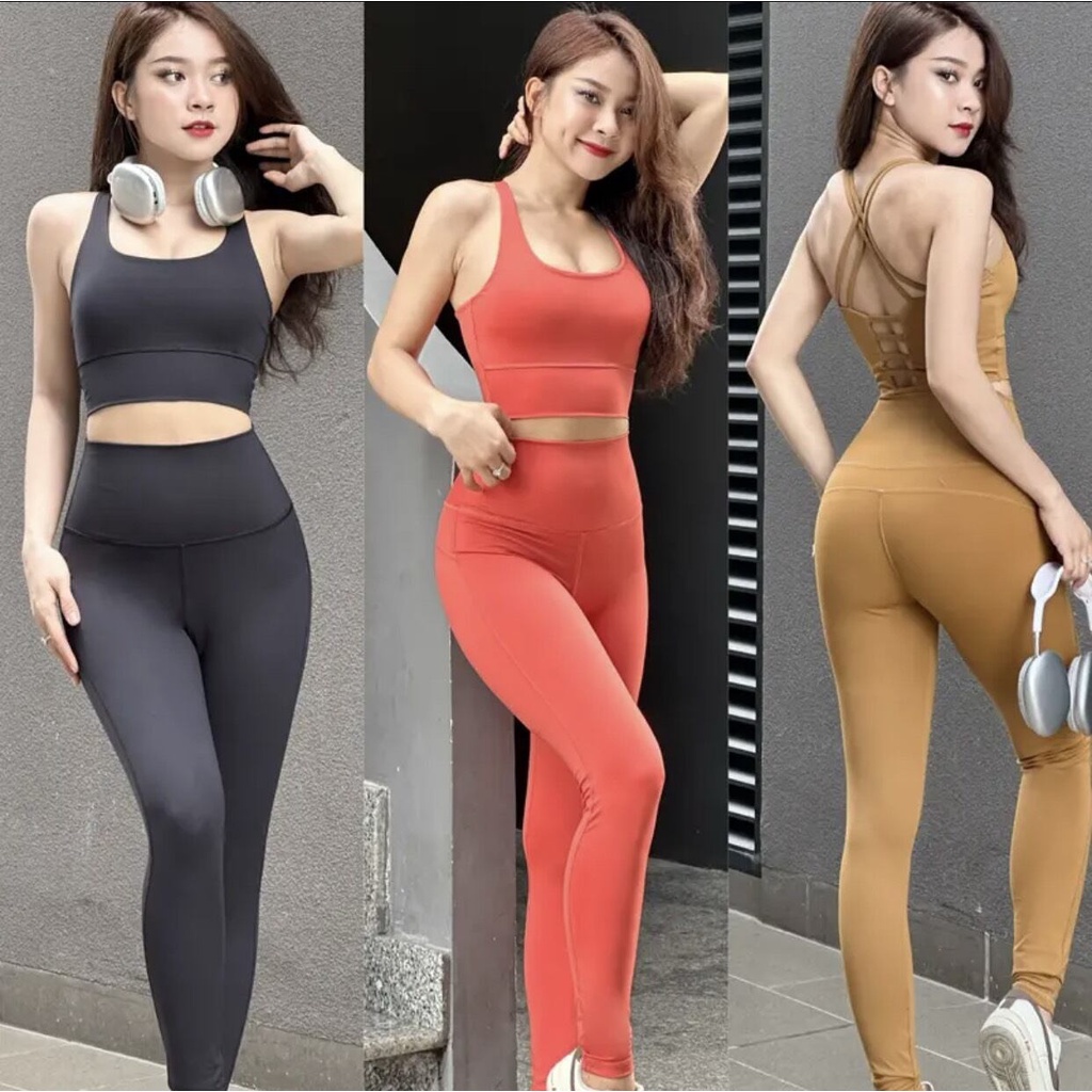 Đồ tập gym yoga nữ đồ thể thao nữ quần dài cạp cao áo bra đan dây kèm mút chất vải thun lạnh co giãn 4 chiều - D05