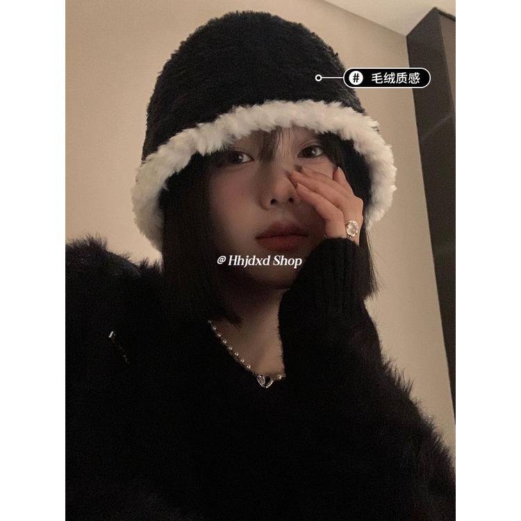 Đen Mũ bucket Lông Nhung Phong Cách Thời Trang Thu Đông Hàn Quốc Dành Cho Nữ
