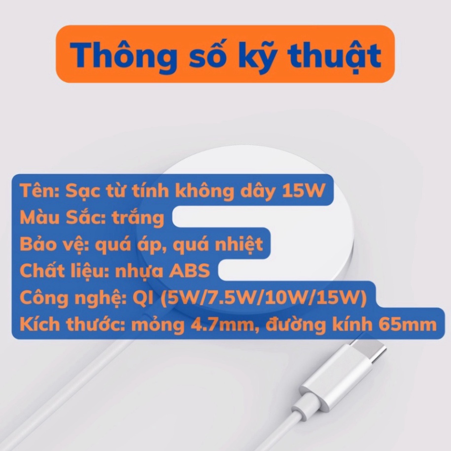 Đế Sạc Không Dây Từ Tính 15W Cho IP 13/13promax/14/14promax  - màu trắng, hỗ trợ sạc nhanh