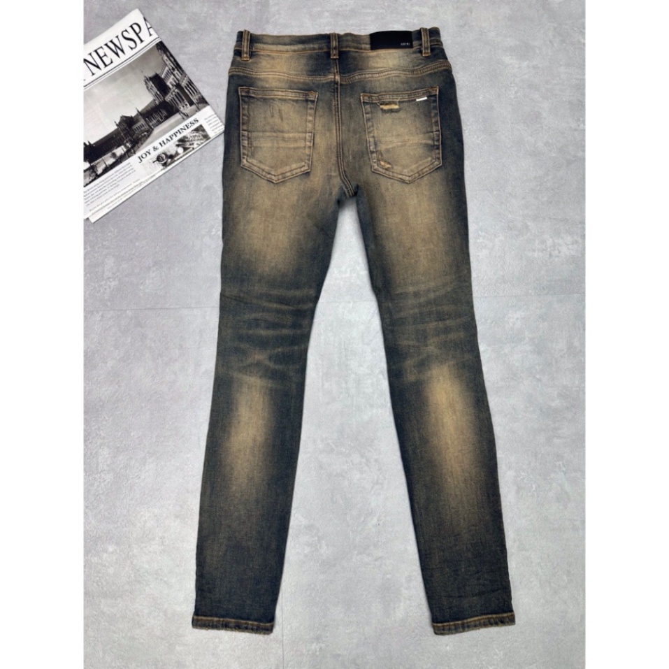 Quần Jean Nam VLADAK Đính Đá Xanh Sẫm Loang Tua Vàng, Quần bò Vladak hoạ tiết đính đá bản siêu cấp