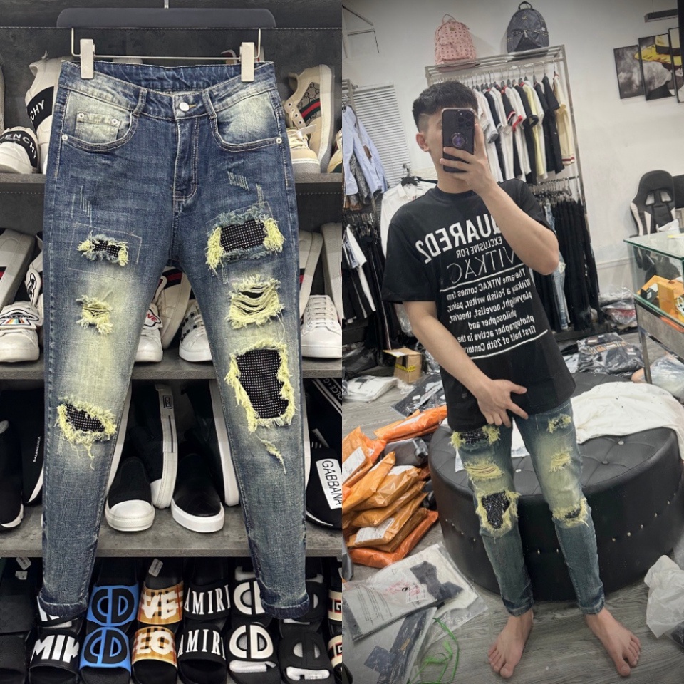 Quần Jean Nam VLADAK Đính Đá Xanh Sẫm Loang Tua Vàng, Quần bò Vladak hoạ tiết đính đá bản siêu cấp