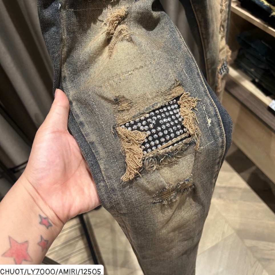 Quần Jean Nam VLADAK Đính Đá Xanh Sẫm Loang Tua Vàng, Quần bò Vladak hoạ tiết đính đá bản siêu cấp