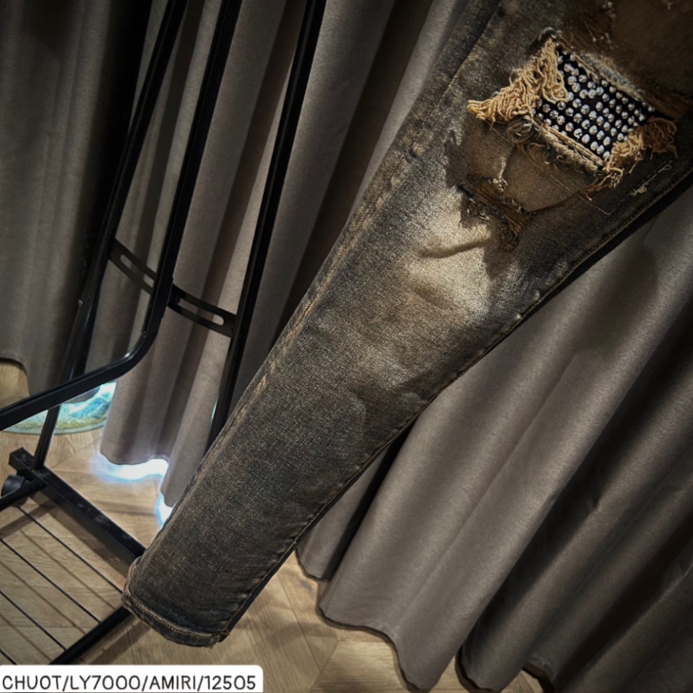 Quần Jean Nam VLADAK Đính Đá Xanh Sẫm Loang Tua Vàng, Quần bò Vladak hoạ tiết đính đá bản siêu cấp