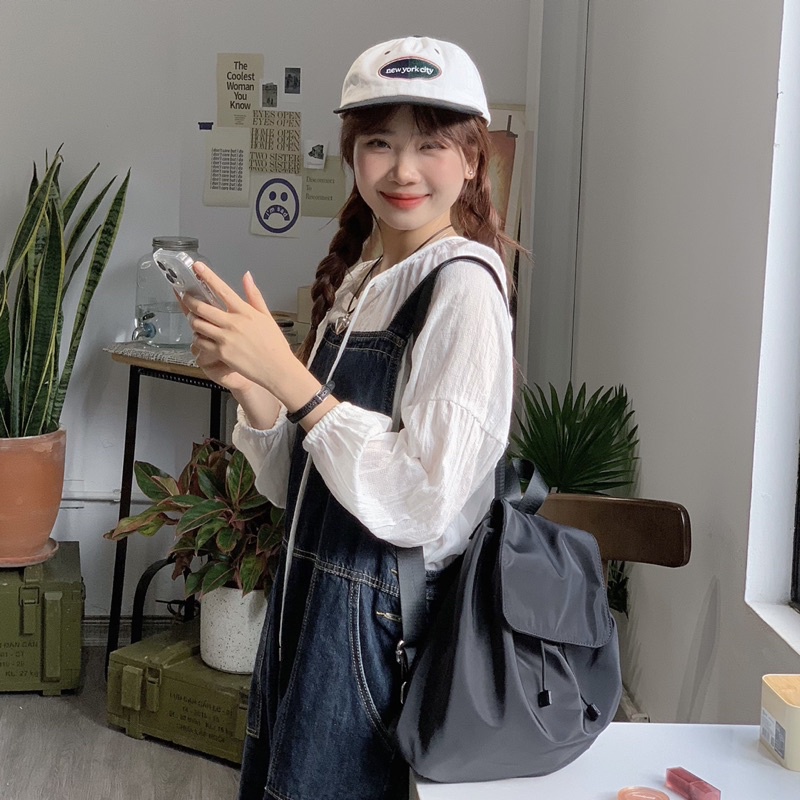 JONA BACKPACK Balo mini vải dù đơn giản Hàn quốc có nắp đậy dây rút cá tính dành cho nữ