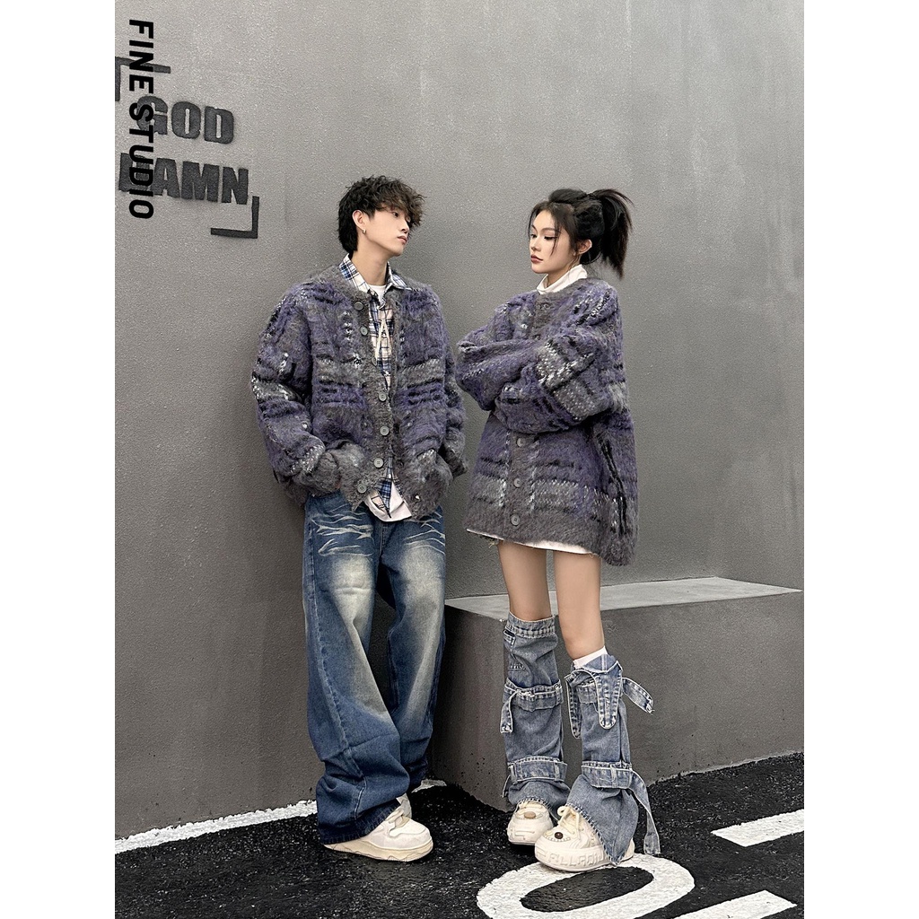 Fine studio Áo Khoác cardigan Dệt Kim Dáng Rộng Màu Sắc Tương Phản retro Mỹ Dành Cho Cặp Đôi Mùa Thu Đông