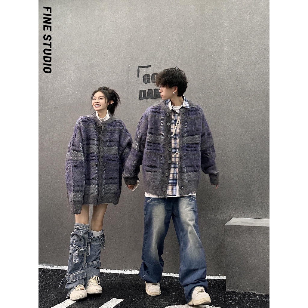 Fine studio Áo Khoác cardigan Dệt Kim Dáng Rộng Màu Sắc Tương Phản retro Mỹ Dành Cho Cặp Đôi Mùa Thu Đông