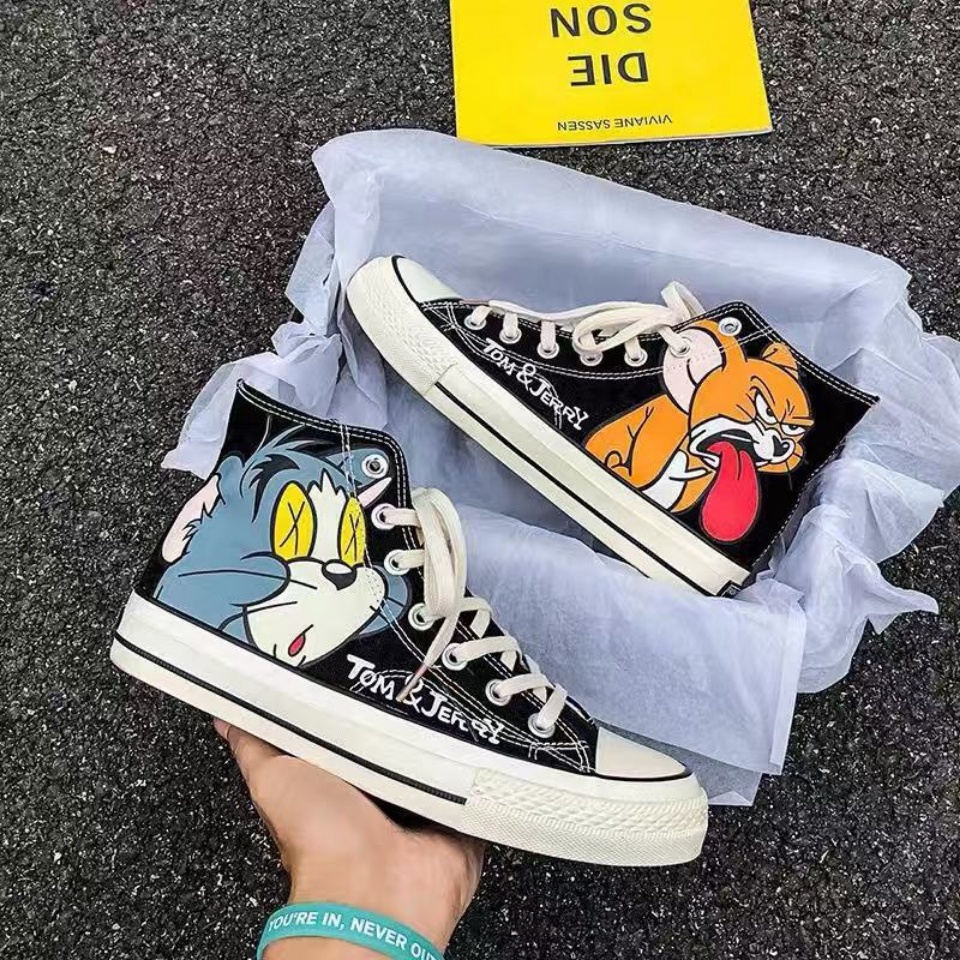 Giày Vải canvas Cổ Cao In Họa Tiết Hoạt Hình Mèo Chuột Phong Cách Hàn Quốc 2023 Cho Bé Trai Và Gái
