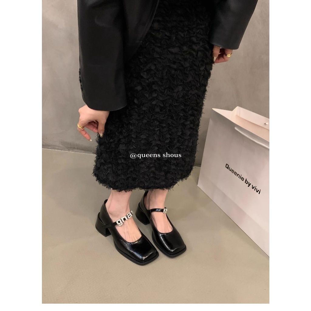 Giày Cao Gót Da Mũi Vuông Màu Đen / Bạc Phong Cách Anh Quốc Thời Trang Mùa Hè 2023 Cho Nữ