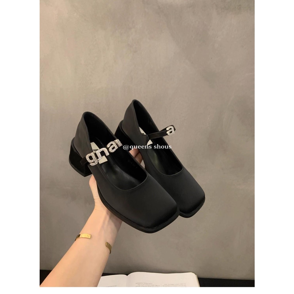 Giày Cao Gót Da Mũi Vuông Màu Đen / Bạc Phong Cách Anh Quốc Thời Trang Mùa Hè 2023 Cho Nữ