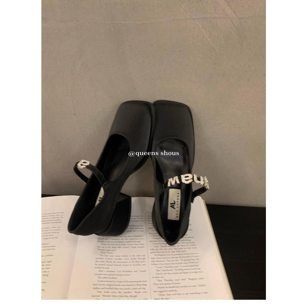 Giày Cao Gót Da Mũi Vuông Màu Đen / Bạc Phong Cách Anh Quốc Thời Trang Mùa Hè 2023 Cho Nữ