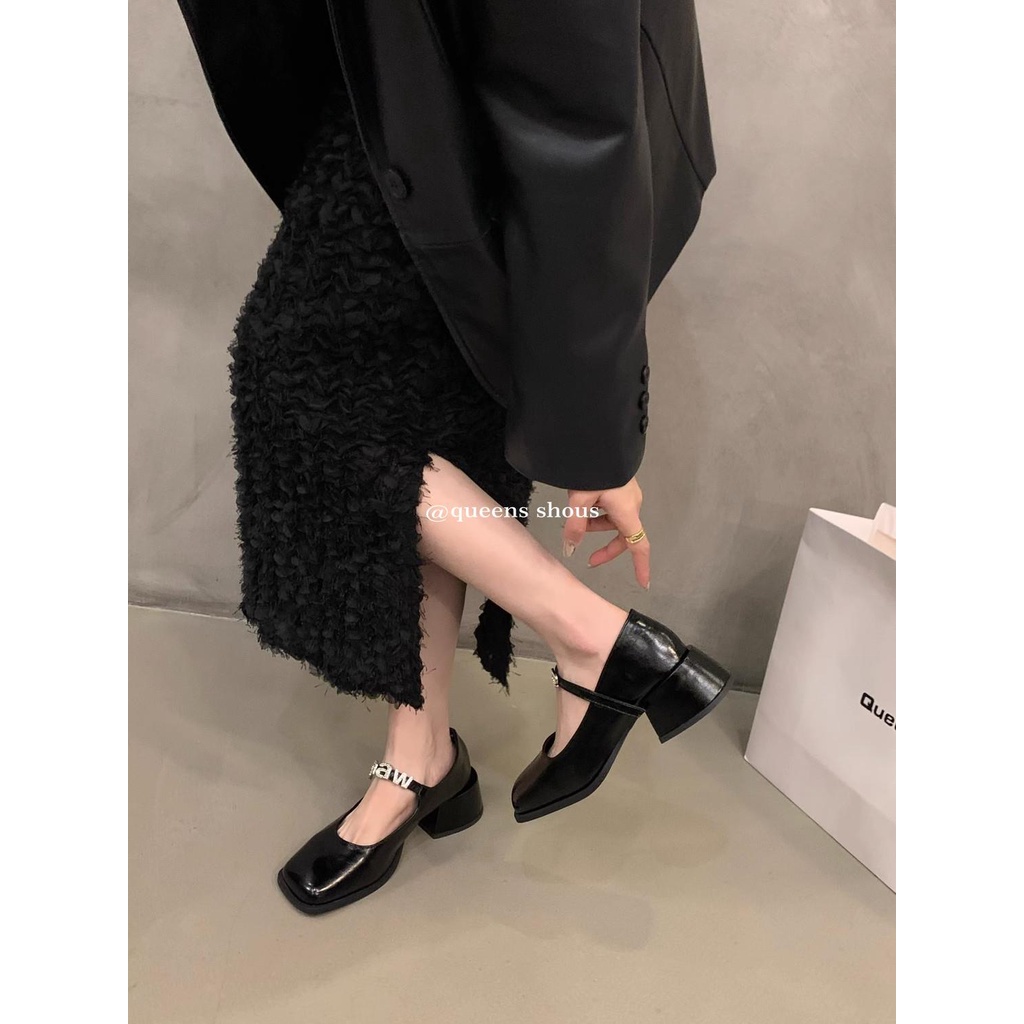 Giày Cao Gót Da Mũi Vuông Màu Đen / Bạc Phong Cách Anh Quốc Thời Trang Mùa Hè 2023 Cho Nữ