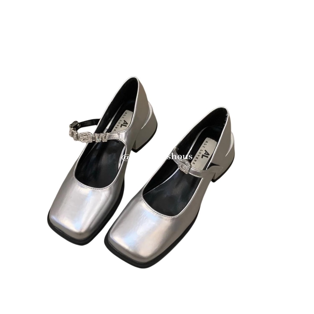 Giày Cao Gót Da Mũi Vuông Màu Đen / Bạc Phong Cách Anh Quốc Thời Trang Mùa Hè 2023 Cho Nữ
