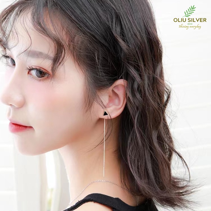 Bông Tai Bạc S925 Tam Giác Đen Sợi Thả Xinh Xắn | Khuyên Tai Nữ Trang Sức Bạc Thời Trang