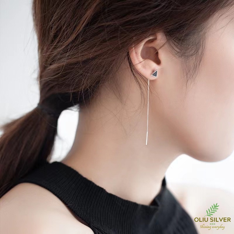 Bông Tai Bạc S925 Tam Giác Đen Sợi Thả Xinh Xắn | Khuyên Tai Nữ Trang Sức Bạc Thời Trang