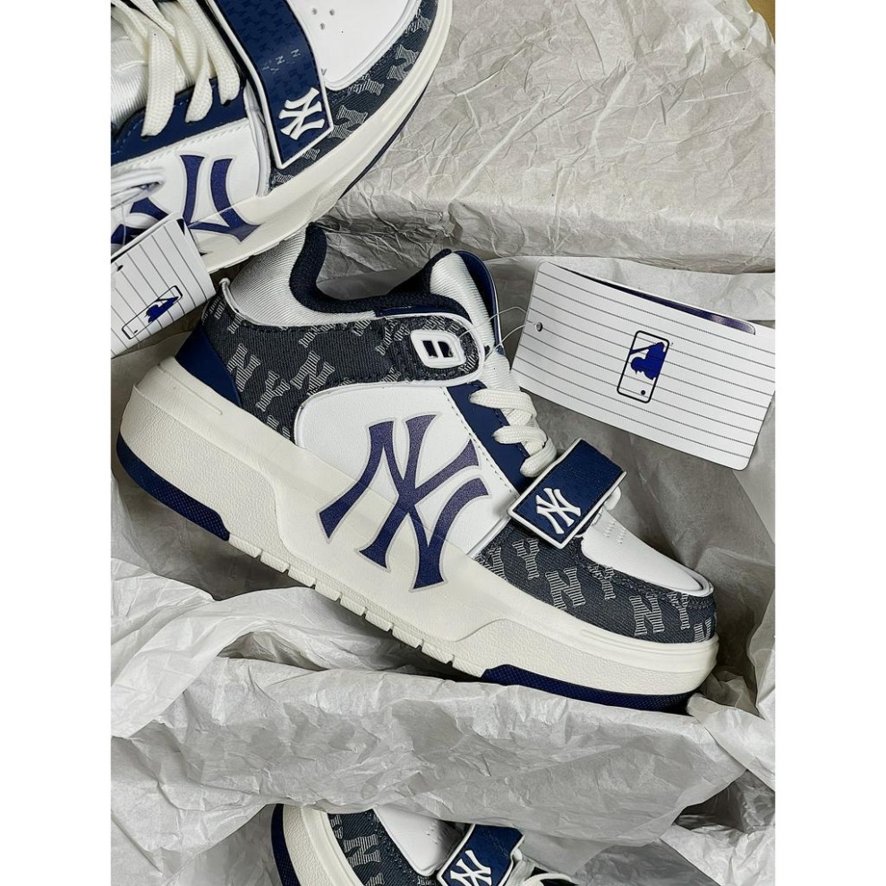 FullBoc Giay thể thao mlb chunky quai dan đen trắng hoạ tiết chữ NY, giày sneaker liner đen quai dán SC