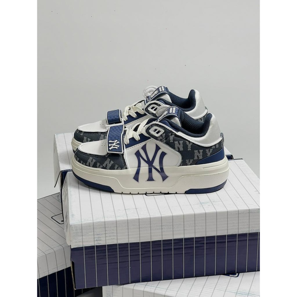 FullBoc Giay thể thao mlb chunky quai dan đen trắng hoạ tiết chữ NY, giày sneaker liner đen quai dán SC