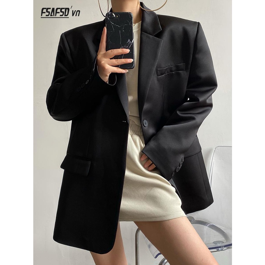 Đen Áo Khoác blazer Chất satin Bóng Thời Trang Mùa Thu 2023 Cho Nữ