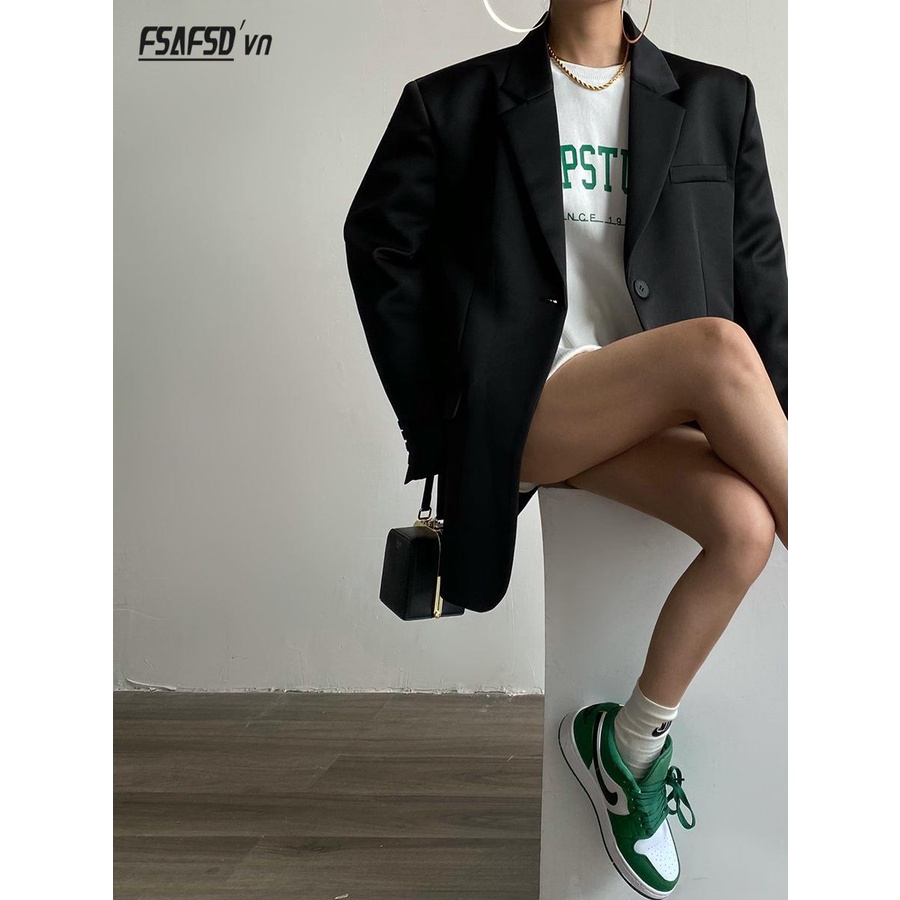 Đen Áo Khoác blazer Chất satin Bóng Thời Trang Mùa Thu 2023 Cho Nữ