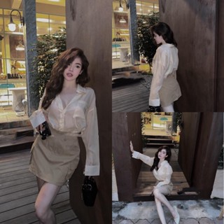 (FreeShip) Set Áo Sơ Mi Tơ Mix Chân Váy Kaki Túi Hộp Dày Dặn