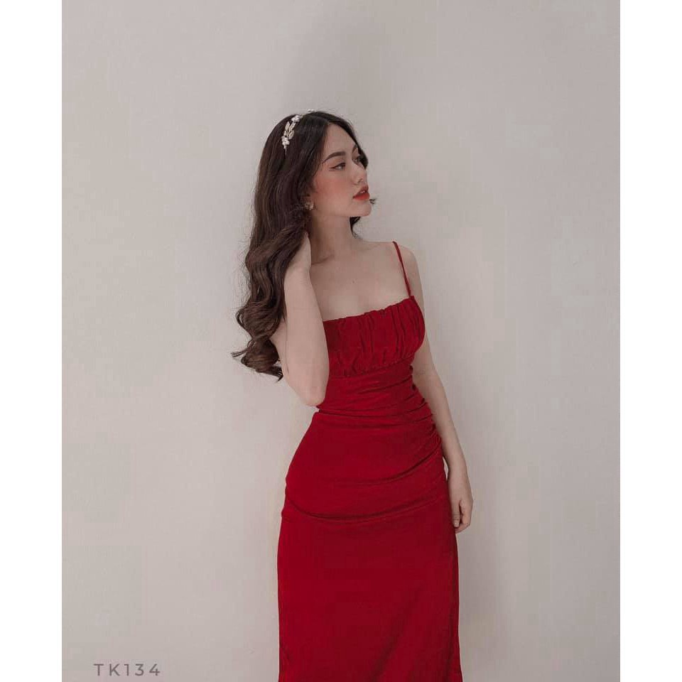 Đầm Hai Dây Lụa Xẻ Tà Đi Tiệc Màu Đỏ MIKIFASHION