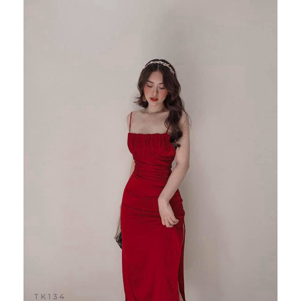 Đầm Hai Dây Lụa Xẻ Tà Đi Tiệc Màu Đỏ MIKIFASHION