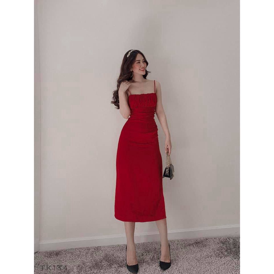 Đầm Hai Dây Lụa Xẻ Tà Đi Tiệc Màu Đỏ MIKIFASHION