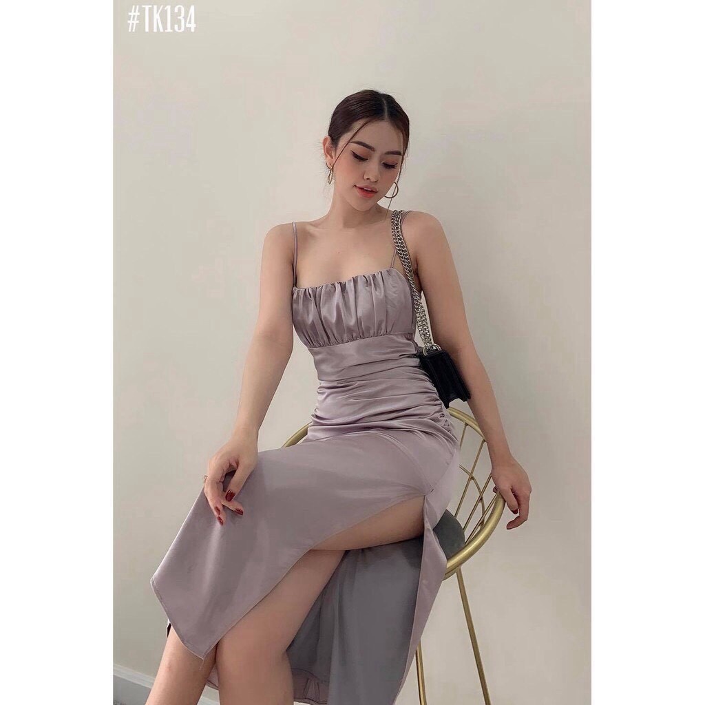 Đầm Hai Dây Lụa Xẻ Tà Đi Tiệc Màu Đỏ MIKIFASHION